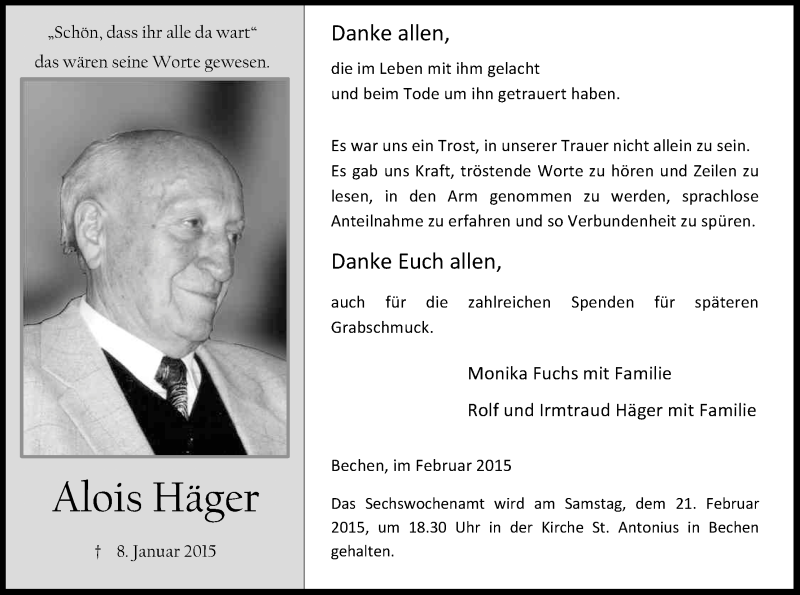  Traueranzeige für Alois Häger vom 14.02.2015 aus Kölner Stadt-Anzeiger / Kölnische Rundschau / Express