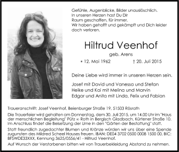 Anzeige von Hiltrud Veenhof von Kölner Stadt-Anzeiger / Kölnische Rundschau / Express