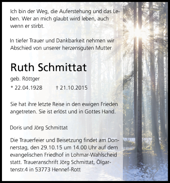 Anzeige von Ruth Schmittat von Kölner Stadt-Anzeiger / Kölnische Rundschau / Express