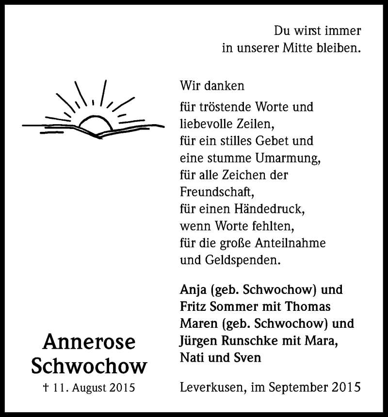  Traueranzeige für Annerose Schwochow vom 12.09.2015 aus Kölner Stadt-Anzeiger / Kölnische Rundschau / Express