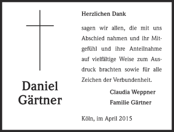 Anzeige von Daniel Gärtner von  Kölner Wochenspiegel 
