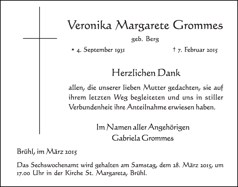  Traueranzeige für Veronika Margarete Grommes vom 11.03.2015 aus  Schlossbote/Werbekurier 