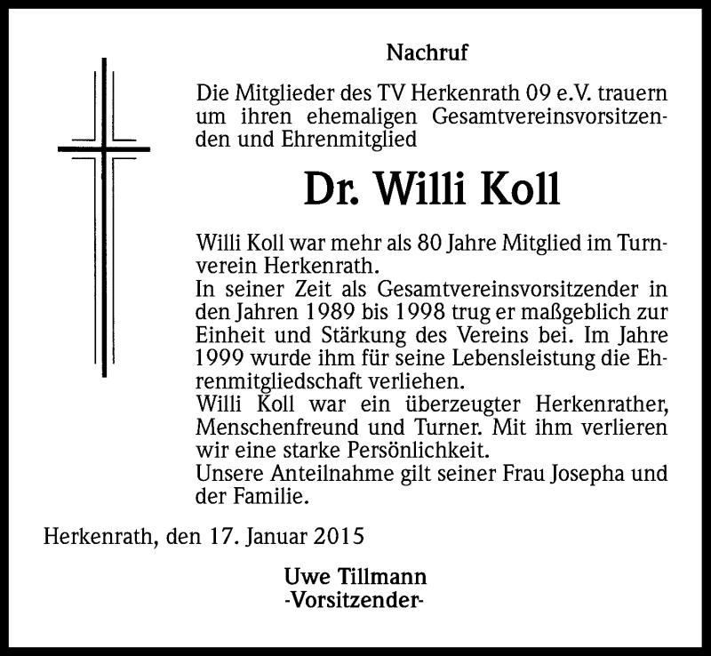  Traueranzeige für Willi Koll vom 19.01.2015 aus Kölner Stadt-Anzeiger / Kölnische Rundschau / Express