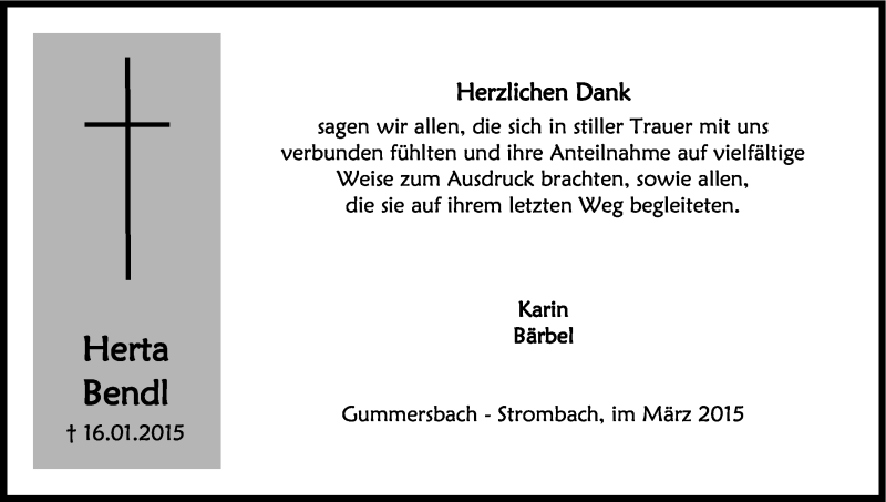  Traueranzeige für Herta Bendl vom 14.03.2015 aus Kölner Stadt-Anzeiger / Kölnische Rundschau / Express