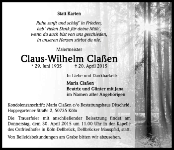 Anzeige von Claus Wilhelm Claßen von Kölner Stadt-Anzeiger / Kölnische Rundschau / Express