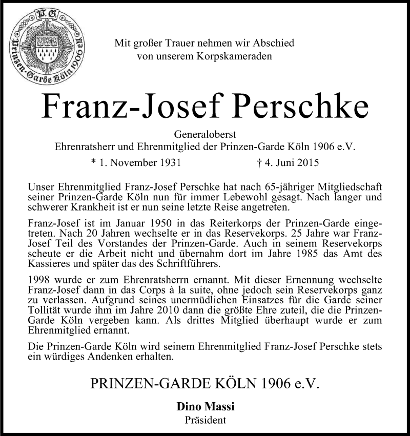  Traueranzeige für Fanz Josef Perschke vom 13.06.2015 aus Kölner Stadt-Anzeiger / Kölnische Rundschau / Express