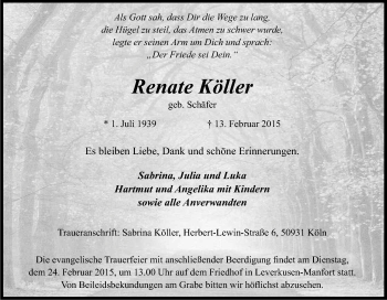 Anzeige von Renate Köller von Kölner Stadt-Anzeiger / Kölnische Rundschau / Express