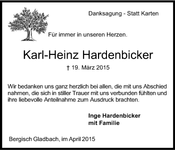 Anzeige von Karl-Heinz Hardenbicker von Kölner Stadt-Anzeiger / Kölnische Rundschau / Express