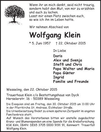 Anzeige von Wolfgang Klein von  Schlossbote/Werbekurier 