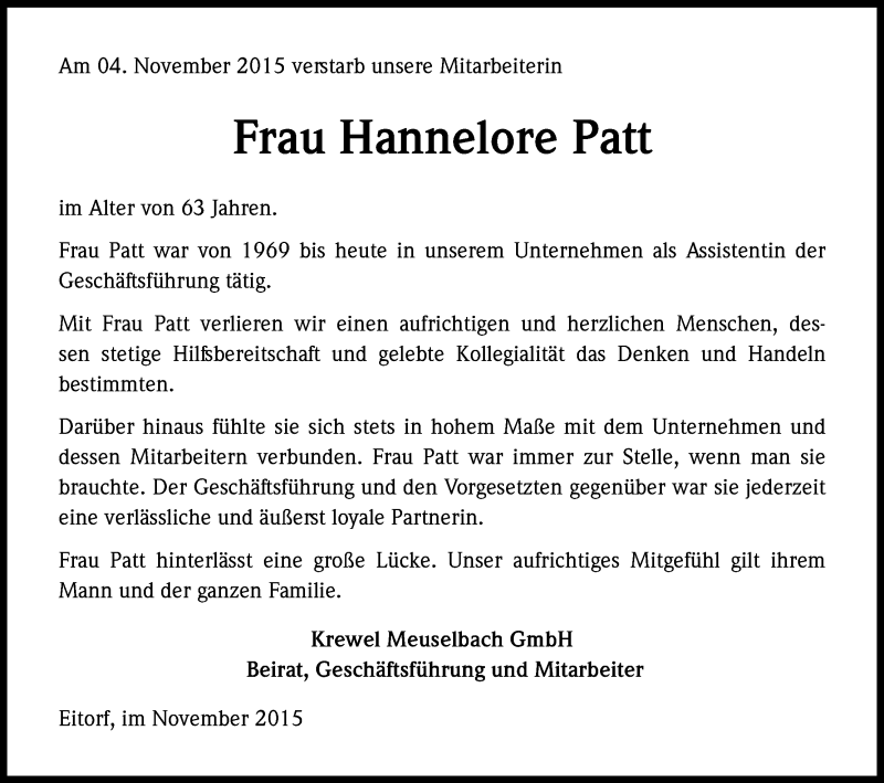  Traueranzeige für Hannelore Patt vom 14.11.2015 aus Köln - Wir Trauern
