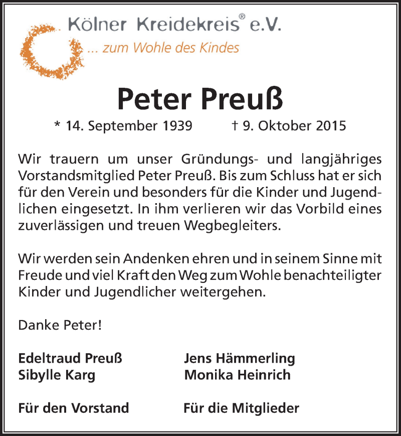  Traueranzeige für Peter Preuß vom 21.10.2015 aus  Extra Blatt 