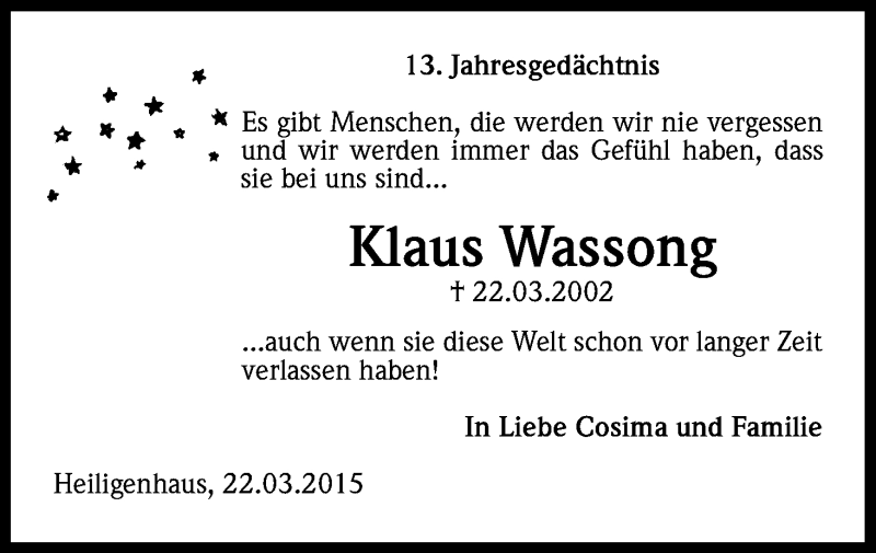  Traueranzeige für Klaus Wassong vom 21.03.2015 aus Kölner Stadt-Anzeiger / Kölnische Rundschau / Express
