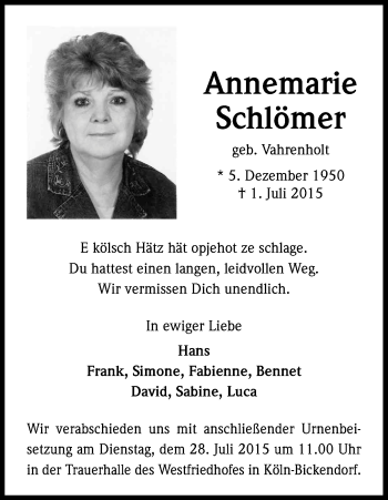 Anzeige von Annemarie Schlömer von Kölner Stadt-Anzeiger / Kölnische Rundschau / Express