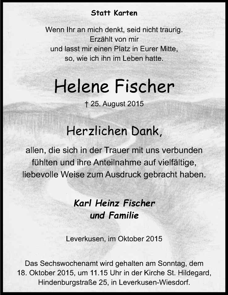  Traueranzeige für Helene Fischer vom 10.10.2015 aus Kölner Stadt-Anzeiger / Kölnische Rundschau / Express