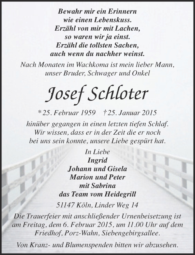  Traueranzeige für Josef Schloter vom 04.02.2015 aus  Kölner Wochenspiegel 
