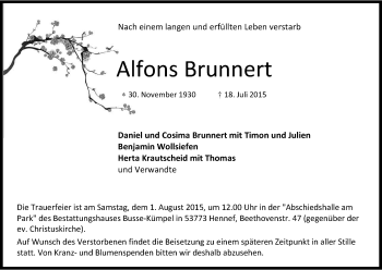 Anzeige von Alfons Brunnert von Kölner Stadt-Anzeiger / Kölnische Rundschau / Express