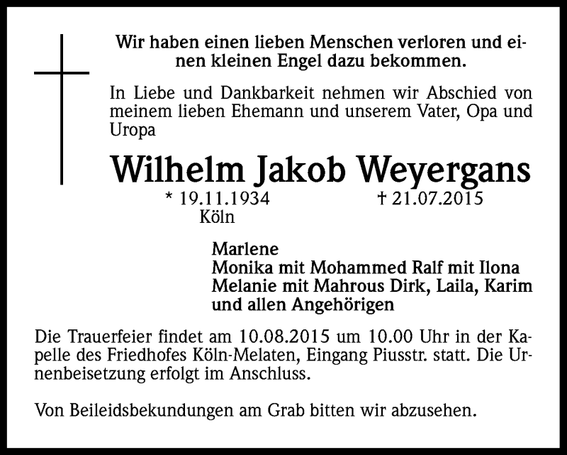  Traueranzeige für Wilhelm Jakob Weyergans vom 08.08.2015 aus Kölner Stadt-Anzeiger / Kölnische Rundschau / Express