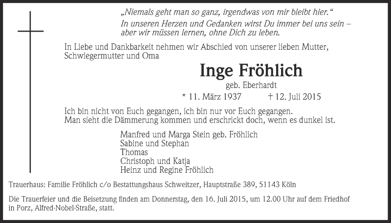  Traueranzeige für Inge Fröhlich vom 15.07.2015 aus  Kölner Wochenspiegel 