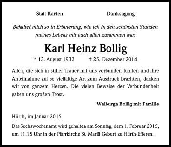 Anzeige von Karl Heinz Bollig von Kölner Stadt-Anzeiger / Kölnische Rundschau / Express