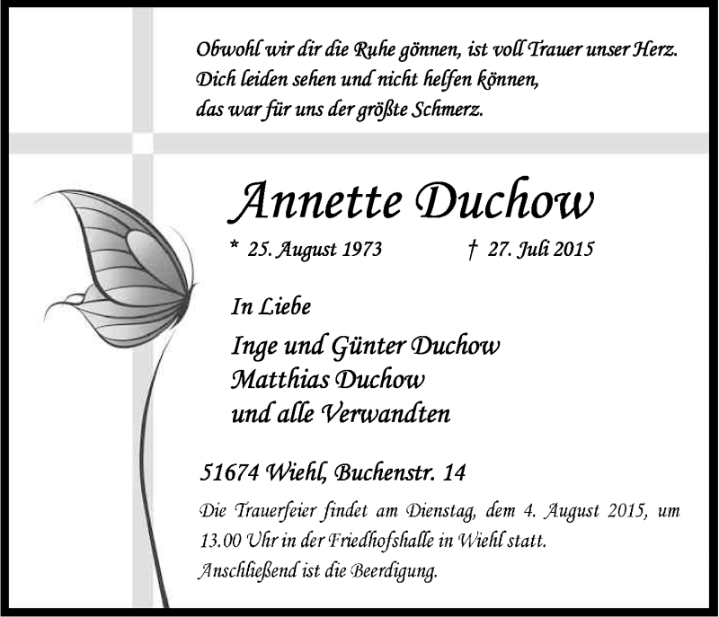  Traueranzeige für Annette Duchow vom 01.08.2015 aus Kölner Stadt-Anzeiger / Kölnische Rundschau / Express