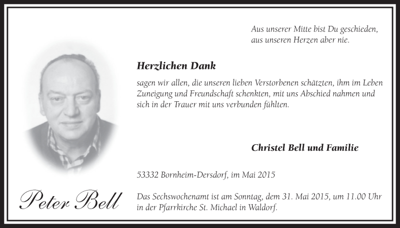  Traueranzeige für Peter Bell vom 20.05.2015 aus  Schaufenster/Blickpunkt  Schlossbote/Werbekurier 