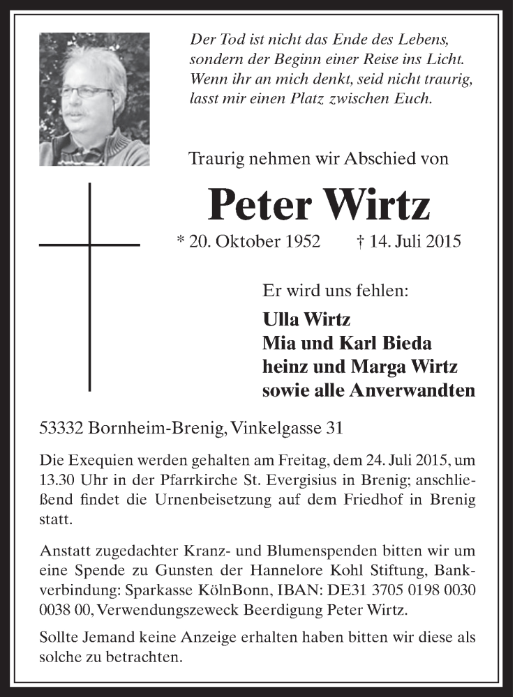  Traueranzeige für Peter Wirtz vom 22.07.2015 aus  Schaufenster/Blickpunkt 
