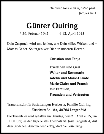 Anzeige von Günter Quiring von Kölner Stadt-Anzeiger / Kölnische Rundschau / Express