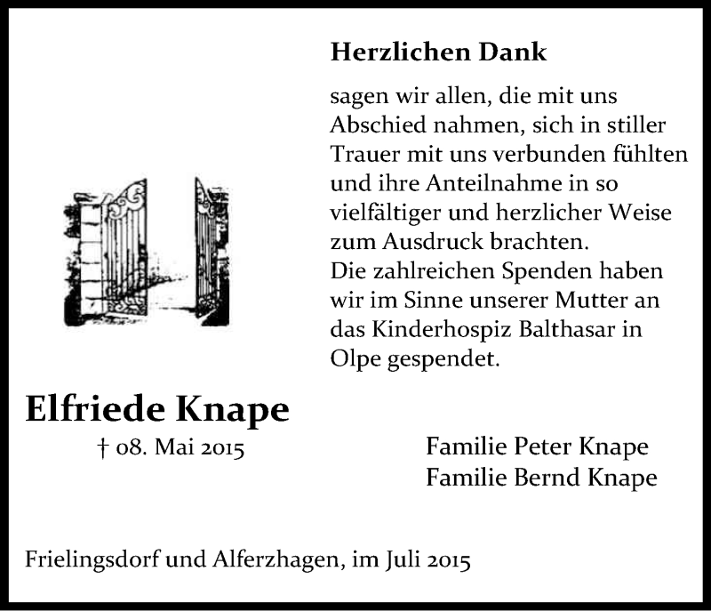  Traueranzeige für Elfriede Knape vom 01.07.2015 aus Kölner Stadt-Anzeiger / Kölnische Rundschau / Express