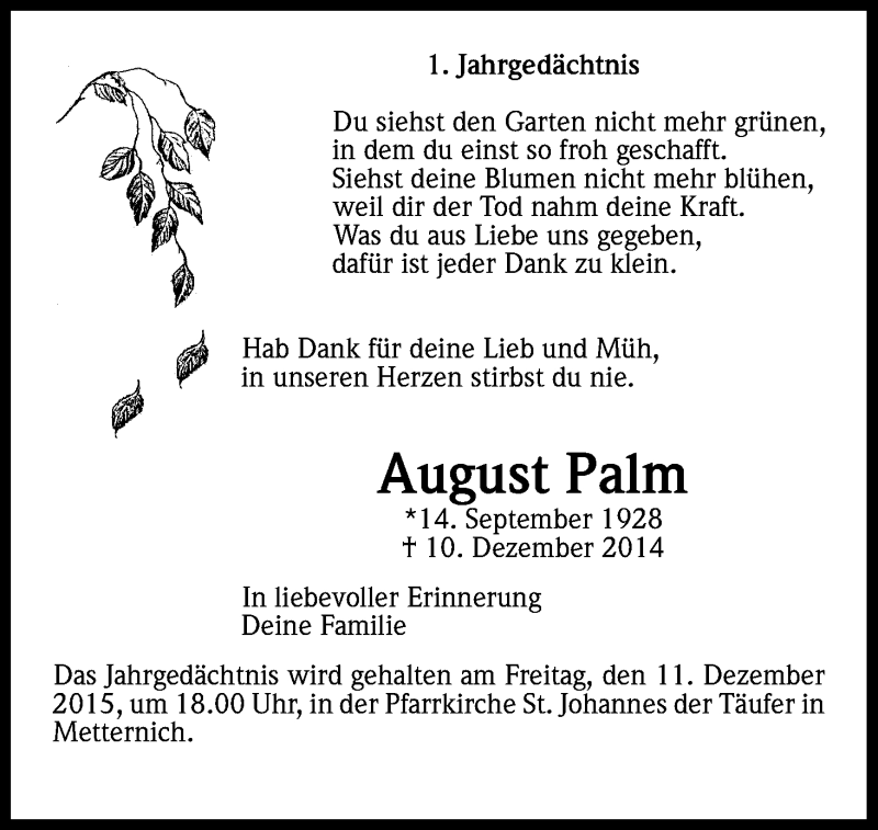  Traueranzeige für August Palm vom 10.12.2015 aus Kölner Stadt-Anzeiger / Kölnische Rundschau / Express