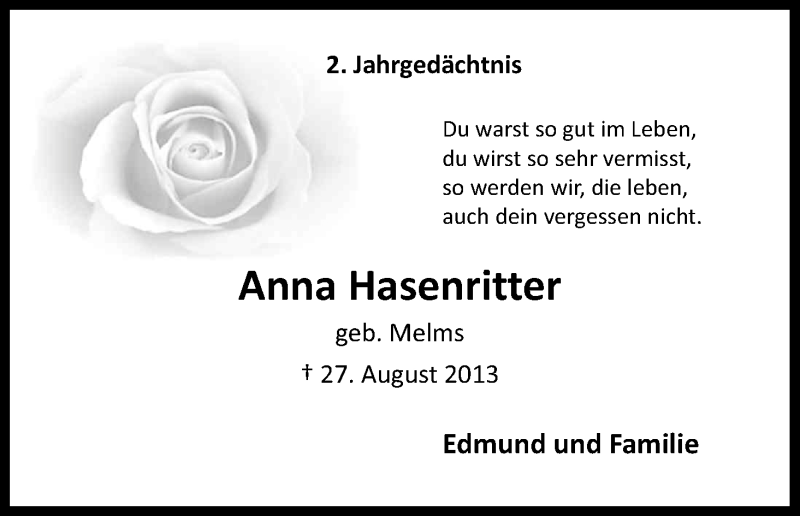  Traueranzeige für Anna Hasenritter vom 29.08.2015 aus Kölner Stadt-Anzeiger / Kölnische Rundschau / Express