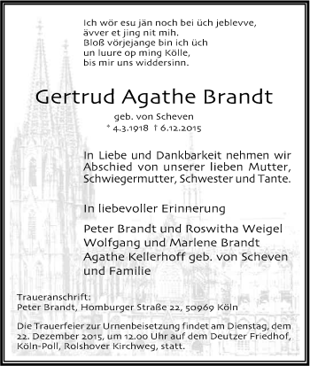 Anzeige von Gertrud Agathe Brandt von Kölner Stadt-Anzeiger / Kölnische Rundschau / Express