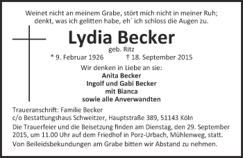 Anzeige von Lydia Becker von  Kölner Wochenspiegel 