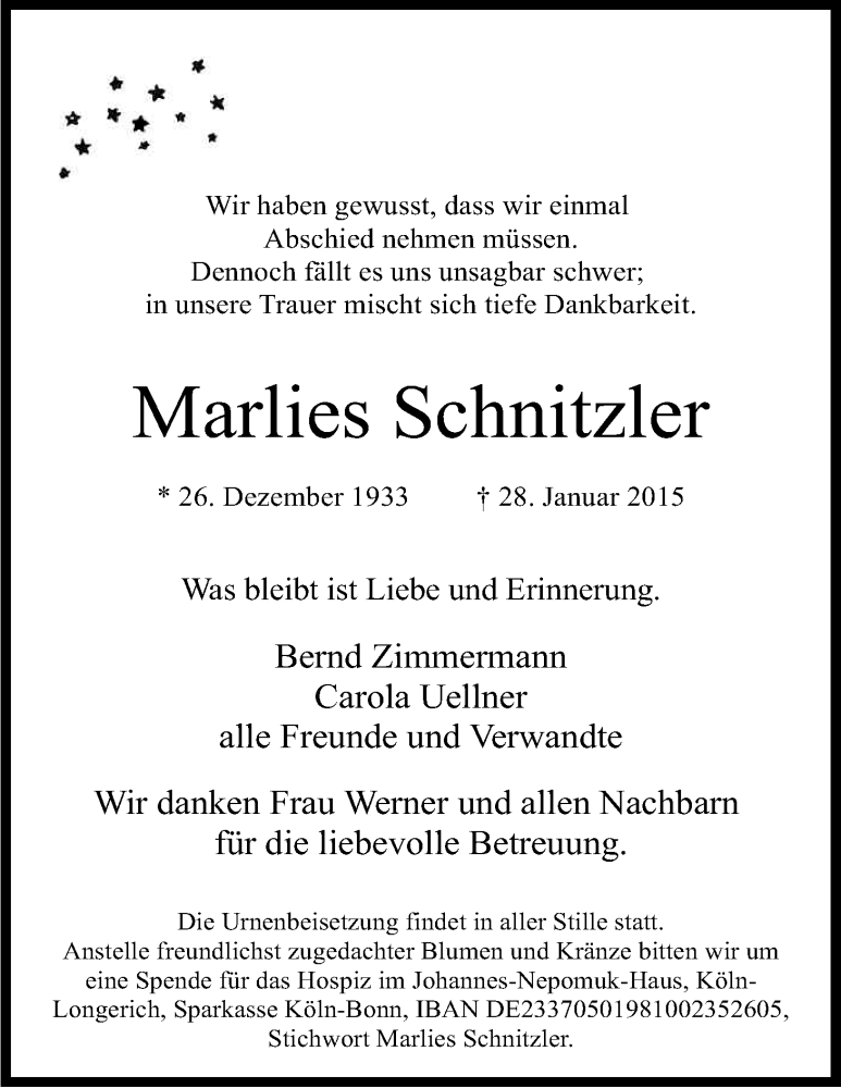  Traueranzeige für Marlies Schnitzler vom 04.02.2015 aus Kölner Stadt-Anzeiger / Kölnische Rundschau / Express