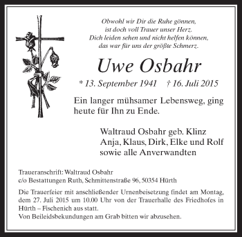Anzeige von Uwe Osbahr von  Wochenende 