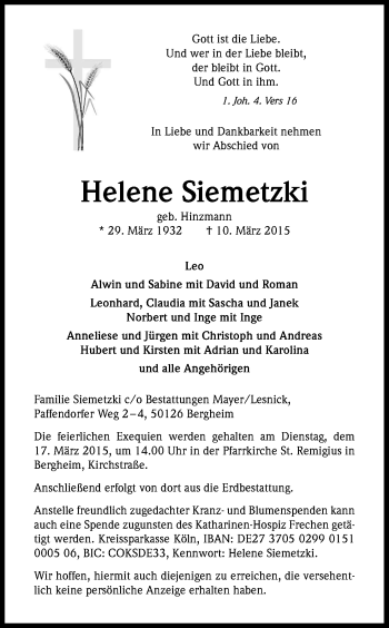 Anzeige von Helene Siemetzki von Kölner Stadt-Anzeiger / Kölnische Rundschau / Express