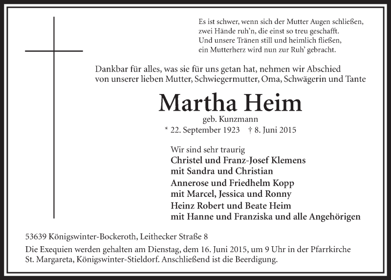  Traueranzeige für Martha Heim vom 10.06.2015 aus  Schlossbote/Werbekurier 