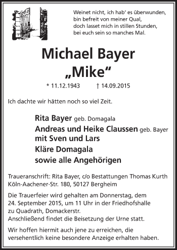 Anzeige von Michael Bayer von  Sonntags-Post 