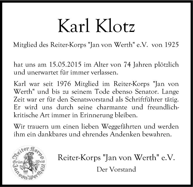  Traueranzeige für Karl Klotz vom 06.06.2015 aus Kölner Stadt-Anzeiger / Kölnische Rundschau / Express