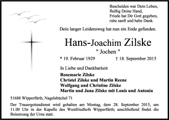 Anzeige von Hans-Joachim Zilske von Kölner Stadt-Anzeiger / Kölnische Rundschau / Express