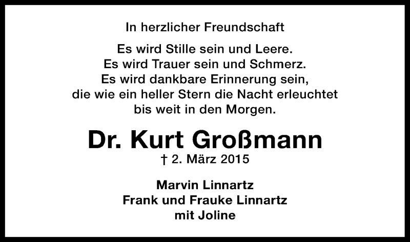  Traueranzeige für Kurt Großmann vom 05.03.2015 aus Kölner Stadt-Anzeiger / Kölnische Rundschau / Express