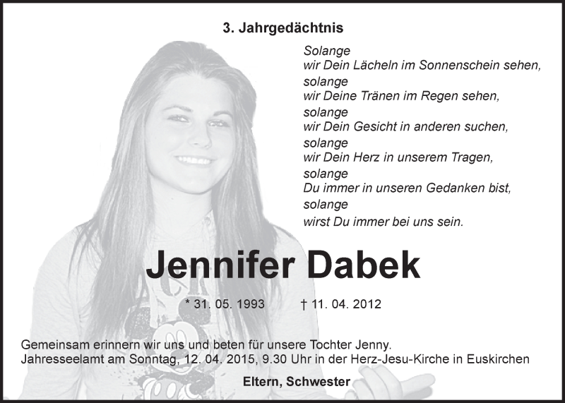  Traueranzeige für Jennifer Dabek vom 05.04.2015 aus  Blickpunkt Euskirchen 
