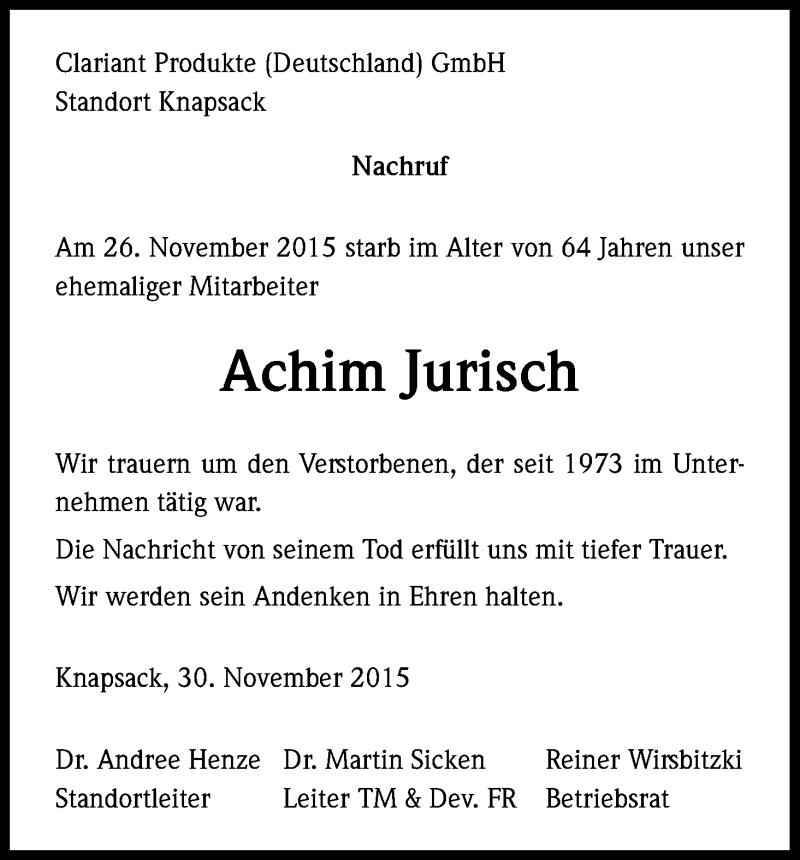  Traueranzeige für Achim Jurisch vom 02.12.2015 aus Kölner Stadt-Anzeiger / Kölnische Rundschau / Express