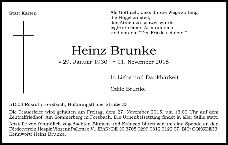  Traueranzeige für Heinz Brunke vom 18.11.2015 aus Kölner Stadt-Anzeiger / Kölnische Rundschau / Express