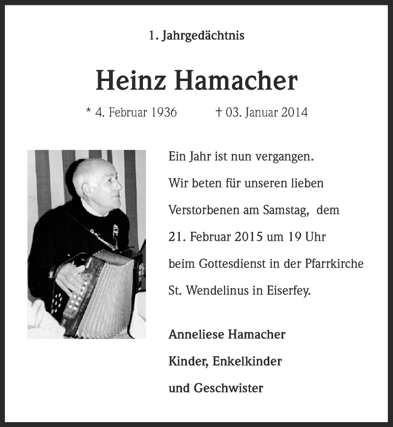  Traueranzeige für Heinz Hamacher vom 01.02.2015 aus  Blickpunkt Euskirchen 