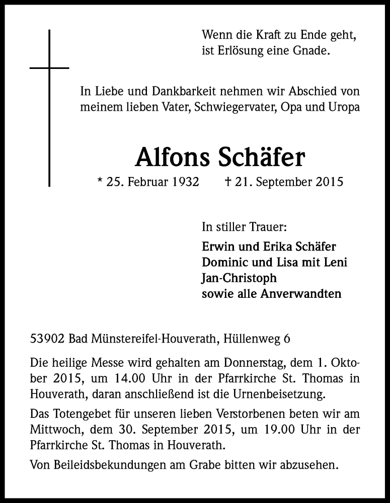  Traueranzeige für Alfons Schäfer vom 26.09.2015 aus Kölner Stadt-Anzeiger / Kölnische Rundschau / Express