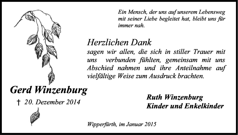  Traueranzeige für Gerd Winzenburg vom 17.01.2015 aus Kölner Stadt-Anzeiger / Kölnische Rundschau / Express