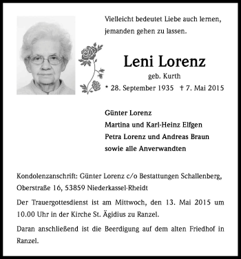 Anzeige von Leni Lorenz von Kölner Stadt-Anzeiger / Kölnische Rundschau / Express