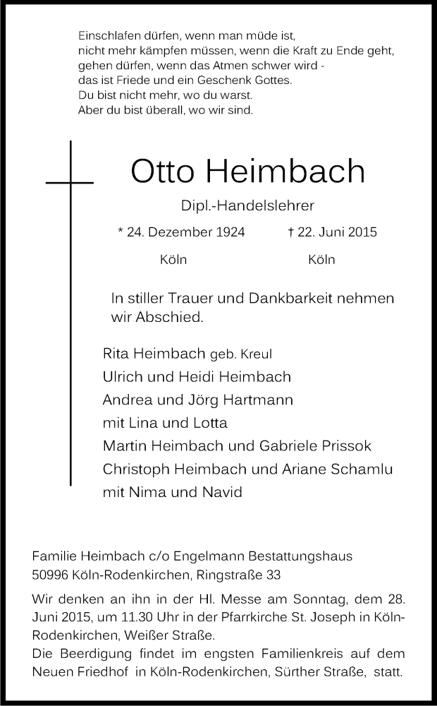  Traueranzeige für Otto Heimbach vom 25.06.2015 aus Kölner Stadt-Anzeiger / Kölnische Rundschau / Express