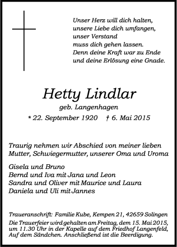 Anzeige von Hedwig  Lindlar von Kölner Stadt-Anzeiger / Kölnische Rundschau / Express
