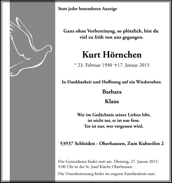 Anzeige von Kurt Hörnchen von Kölner Stadt-Anzeiger / Kölnische Rundschau / Express